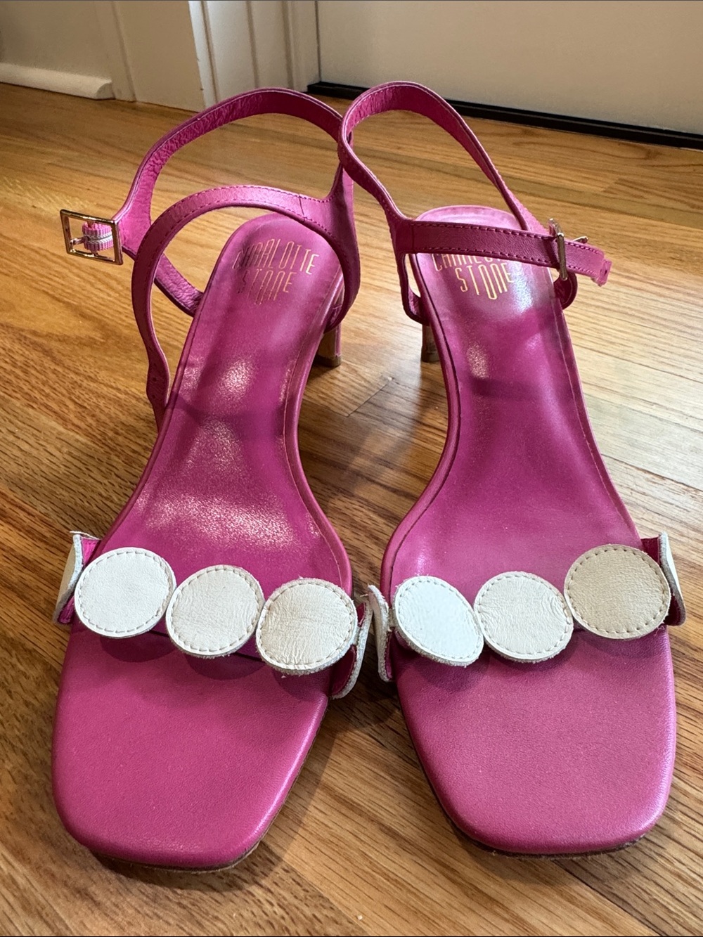 Charlotte Stone Hot Pink Slingback Heels with White Circle Accent - Picture 3 of 5